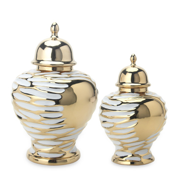 Gold Lid Ginger Jar Set with White Decor and Ceramic Gold Accents