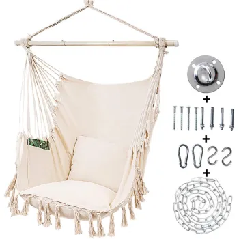 Large Hammock Chair with Detachable Metal Support Bar and Side Pocket - Hanging Rope Swing