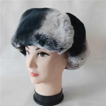 Rabbit Fur Aviator Outdoor Trapper Trooper Pilot Ski Hat Lambskin Leather Trapper Hat with Two-Tone Rabbit Fur Trim