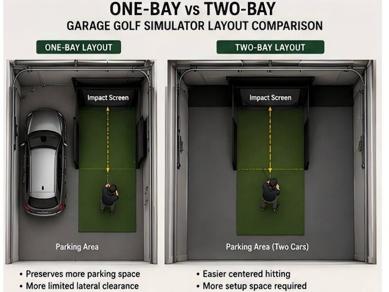 One-bay and two-bay garage golf simulator layouts compared