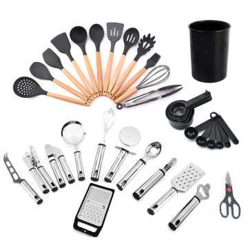 36pcs Silicone Kitchen Utensil Set with Wood Handles for Outdoor Picnic