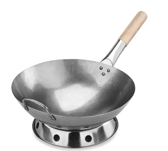 Wok Set Hand Hammered Metal Chinese Carbon Steel Flat Bottom