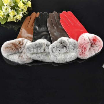 Top luxury fashion desgin beautiful rabbit fur wrist ladies sheepskin leather gloves
