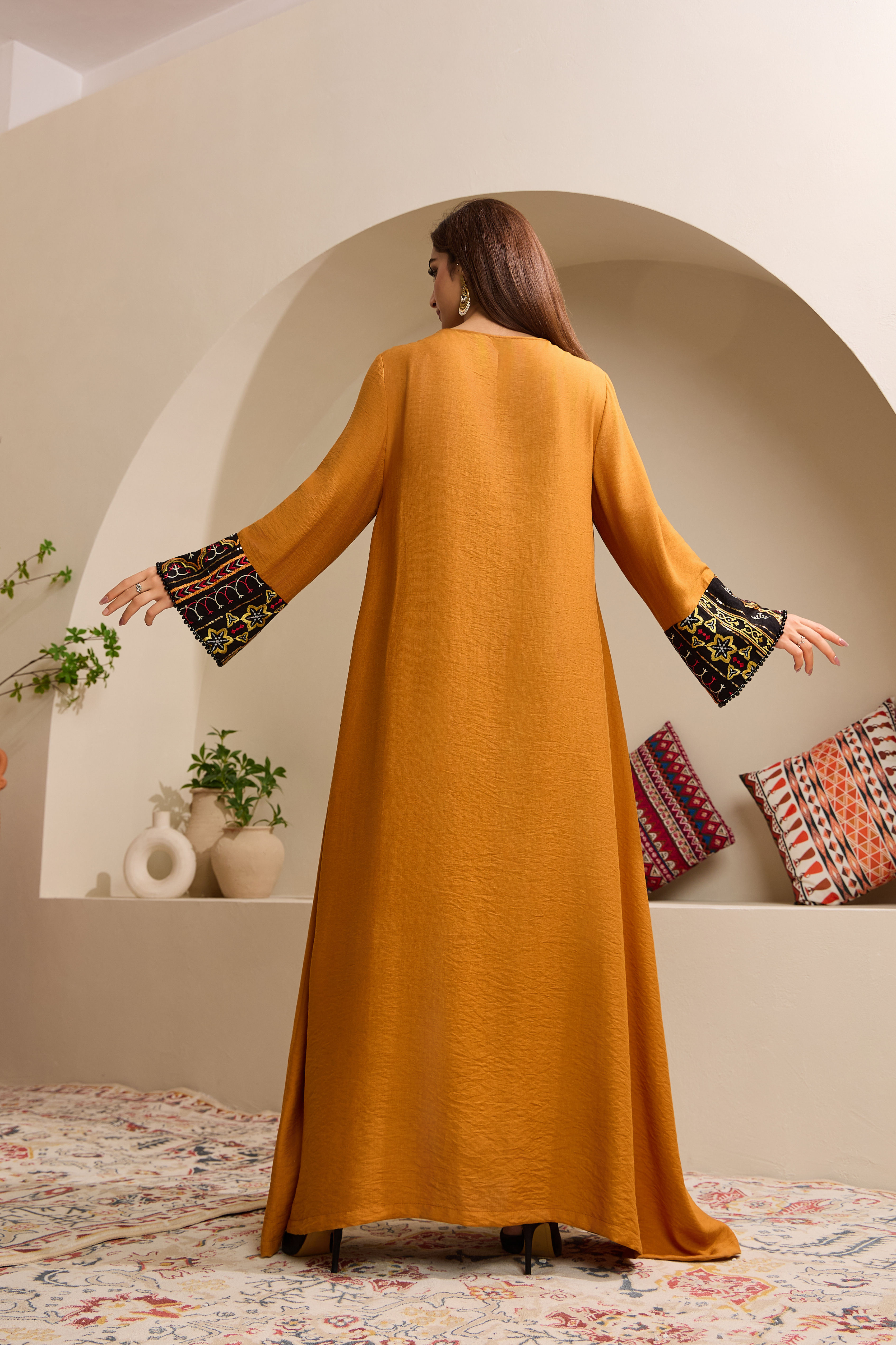 mustard black embroidered panel abaya model styling view 04