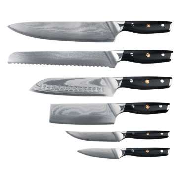 Karbon Tinggi Karbon Karbon Damascus Chef Pisau yang ditetapkan dengan Pemegang Kuku Mosaic Micarta
