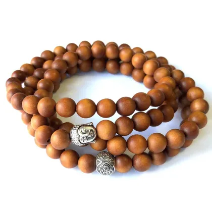 Mala Beads Bracelet: Sandalwood, 108 Beads, Buddha Figurine - Ideal for Meditation