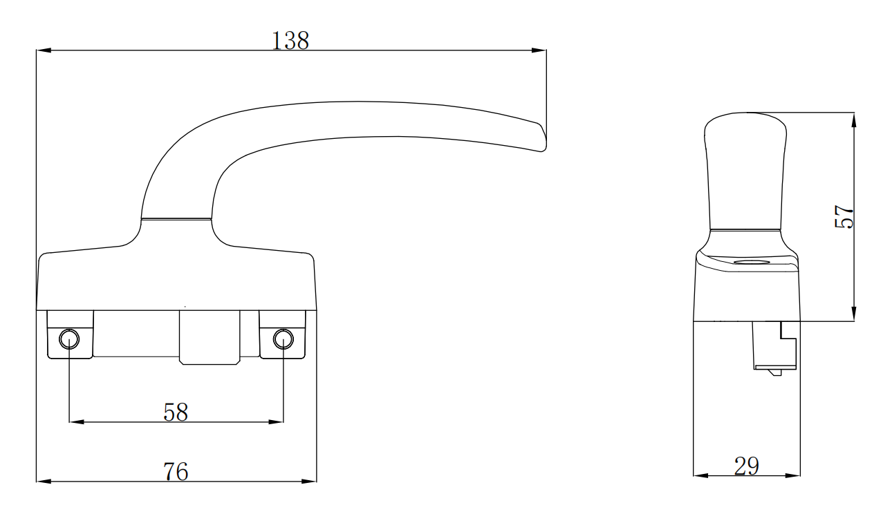 BC223F side-mounted aluminum window handle technical drawing showing 138 mm handle length and 76 mm base width for aluminum casement frames