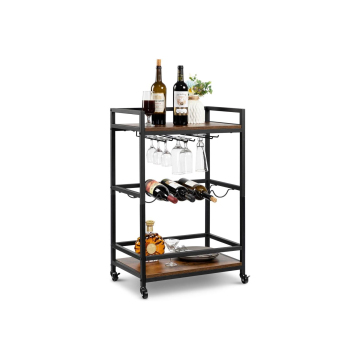 3-Tier Industrial Style Bar Cart: Mobile Bar Serving Cart with Wine Rack and Glass Holder