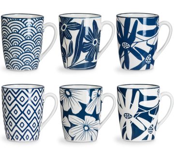 Set of 6 Microwavable Ceramic Coffee Mugs - Dishwasher and Oven Safe 12oz Japanese Style