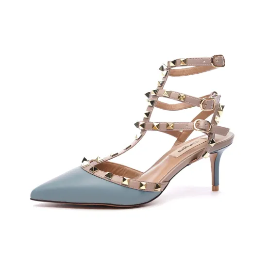 Women Pointed Toe Leather Ladies Blue Medium Heels Pumps Sandals