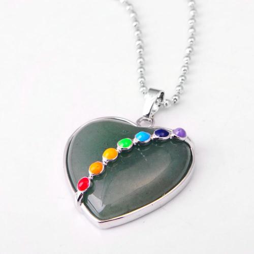 7 & Seven Chakras Gemstone Green Aventurine Heart Pendant Necklace