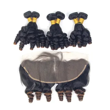 Wholesale 100% unprocessed human fumi bouncy curl, two tone human hair weave with closure