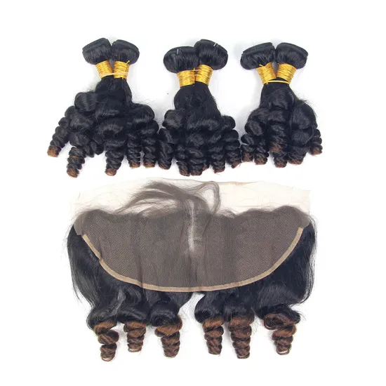 Wholesale 100% unprocessed human fumi bouncy curl, two tone human hair weave with closure