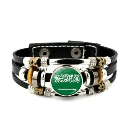 Costa Rica Flags Bangle Bracelet with Leather Chain Wristband