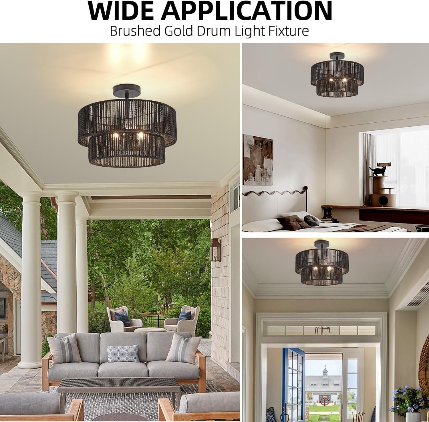Boho Coastal rope With 2-Tier Drum Shade Farmhouse Chandelier Bedroom Semi Flush Mount Ceiling Lamp (14)