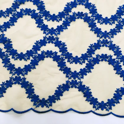 Royal Blue Flower Embroidery On Mesh Fabric