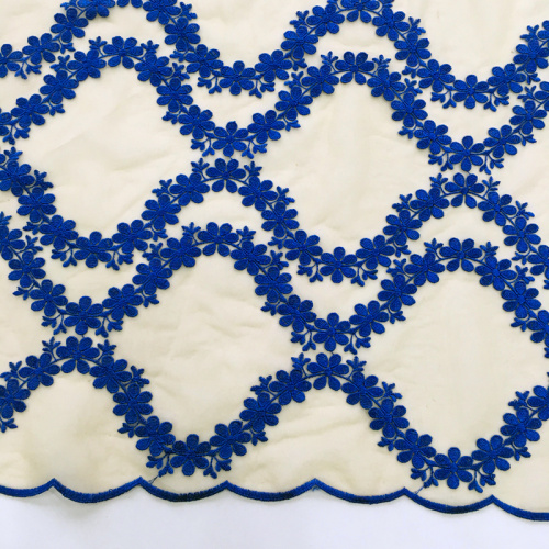 Royal Blue Flower Embroidery On Mesh Fabric
