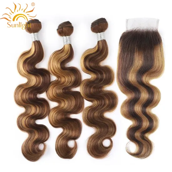 Sunlight 100% virgin hair bundles body wave human hair color 4/27 highlights bundles with 4x4 lace closure frontal