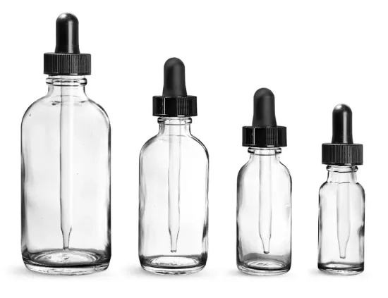 Clear Glass Round Bottles With Black Bulb Droppers