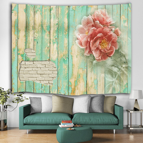 Vintage Planks with Pink Flower Tapestry Wall Hanging Vertical Striped Wooden Board Green Spring Wall Tapestry for Livingroom Be