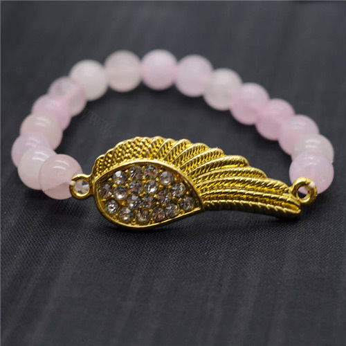 Rose Quartz 8MM Round Beads Stretch Gemstone Bracelet with Diamante Wing Piece