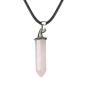 Rose Quartz Hexagonal Prism GunBlack Wizard Cap Pendant Necklace 45cm Black Cord