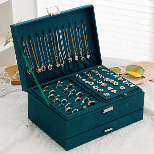 3-Layers Green Velvet Lock Jewelry Organizer Box