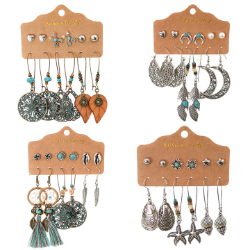 6-Piece Vintage Antique Silver Plated Heart, Moon, Palm Leaf, Starfish, Beach Shell, and Pendant Women's Boho Earring Set Jewelry