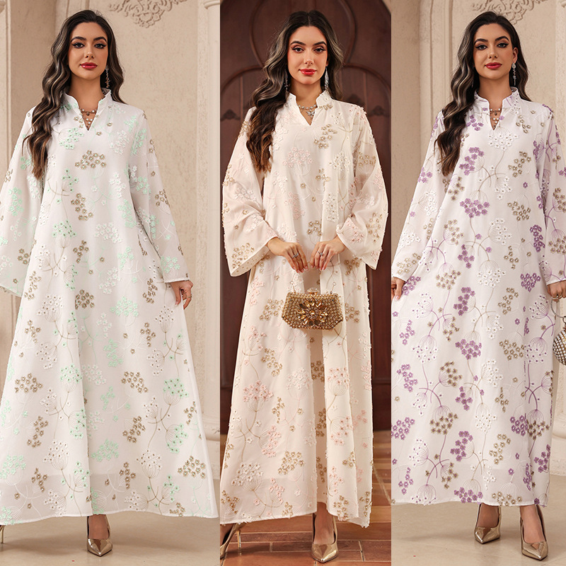 Floral Embroidered Abaya Dress with Jacquard Detail