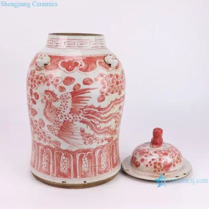 Jingdezhen Red Glazed Lion Head Vase with Hand-Painted Phoenix and Flower Pattern