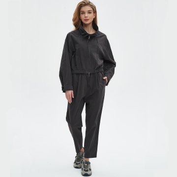 Women Stand Collar Zip Up Cropped Jacket & Straight Pants Casual Two Piece Outfit Set