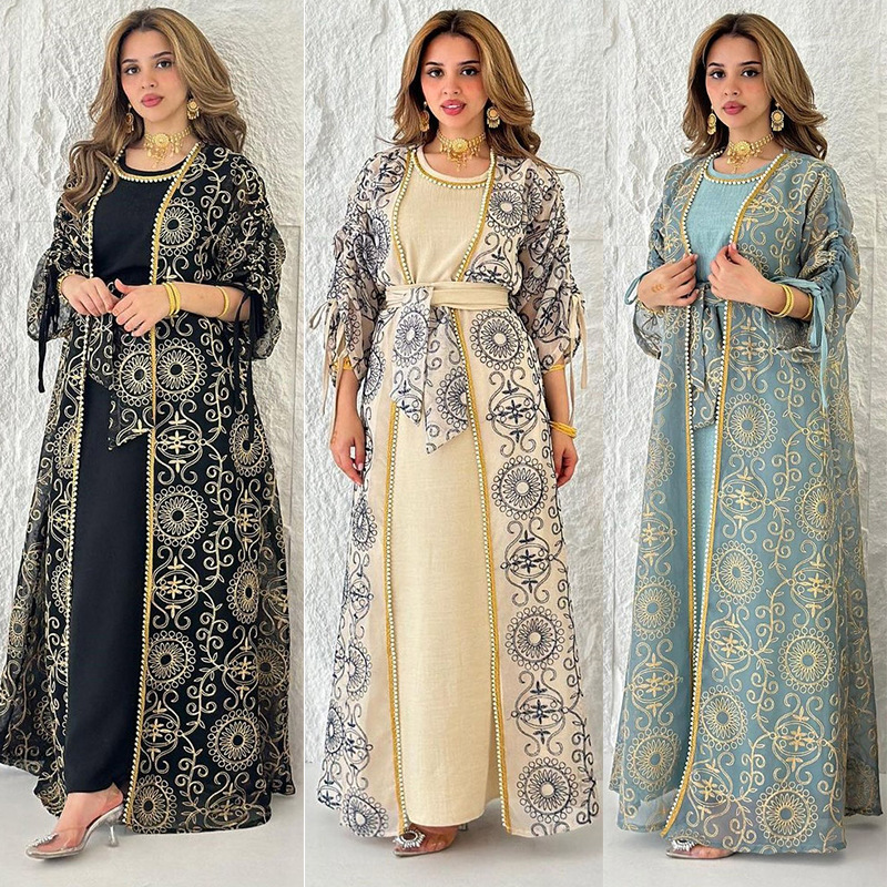Embroidered Abaya With Inner Dress And Belt Detail