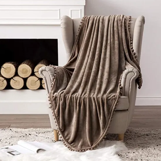 Ultra Soft Fleece Blanket for Couch Sofa Lightweight Fluffy Warm Bed Blanket with Cute Pompom Tassels