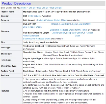 hss nas threaded hex shank drill bit
