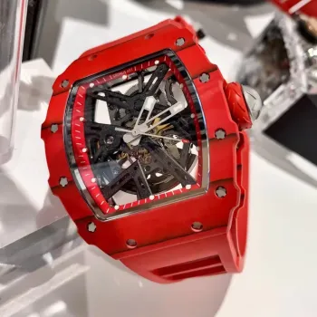 Men's Luxury Skeleton Watch with 42mm Red Carbon Fiber Tonneau-Shaped Case