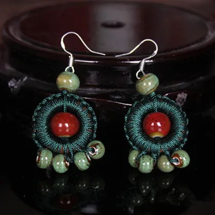 Retro Silver Hook Earring Ceramics Beads Thread Earrings
