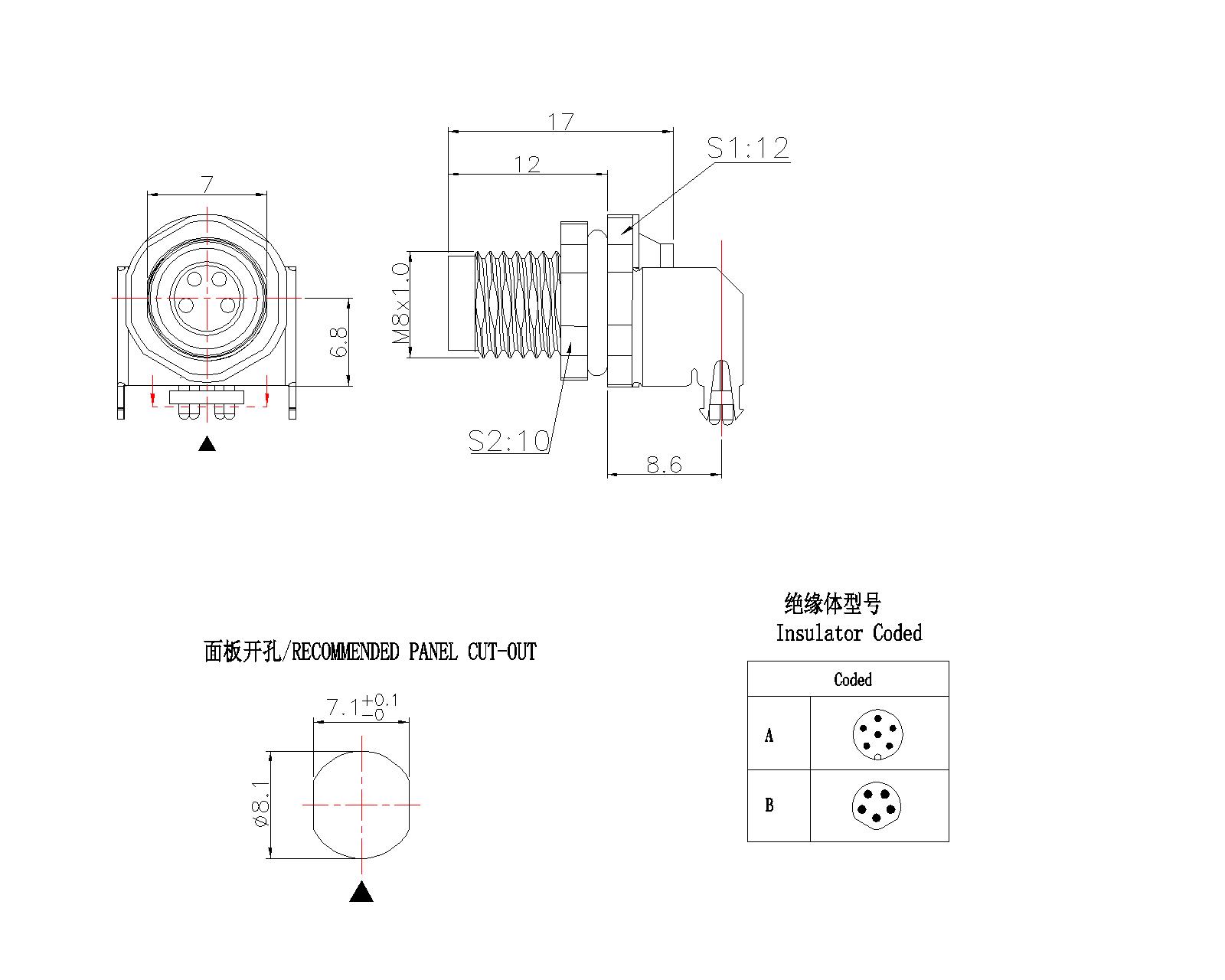 M802-XP-M-001 M8 3~8P Male Waterproof DIP 90° M802-XP-M-001 M8 3~8P Male Waterproof DIP 90°