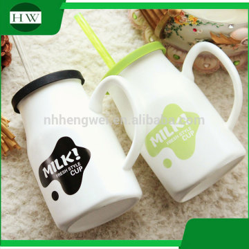 promotional gift colorful ceramic water tea milk coffee cup mug with handle and silicone lid and straw
