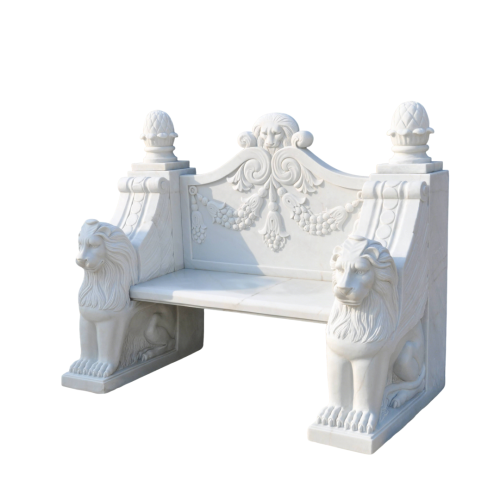 Elegant White Marble Garden Bench with Lion Statues