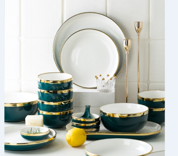 Wholesale Luxury Gold Rim Porcelain Dinnerware Set - Green and White Ceramic Plates, Bowls, and More