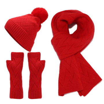 3-Piece Outdoor Winter Warm Knit Pom-Pom Beanie, Gloves, and Scarf Set