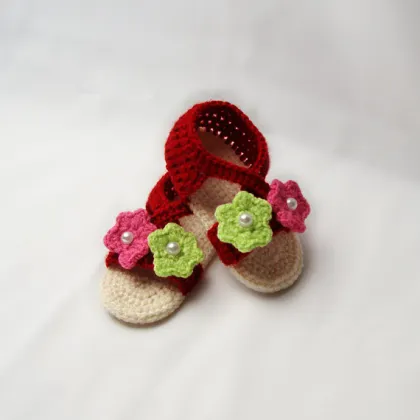 Red dark baby girl shoes crochet baby sandals handmade