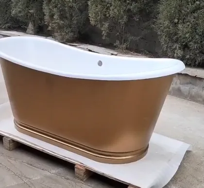 Brushed Brass Finish Bateau with Cast Iron Porcelain Bathtub 1670mm Long