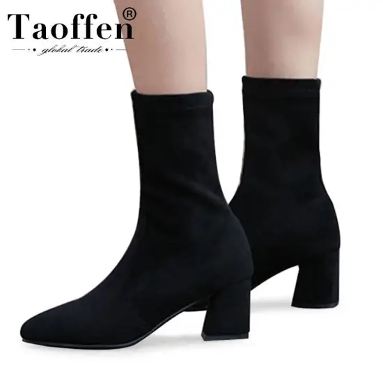 Taoffen Women 2020 Simple Black Stretch Boots Pointed Square Heels Daily Comfortable Mid Calf Shoes Woman Footwear Size 34-45