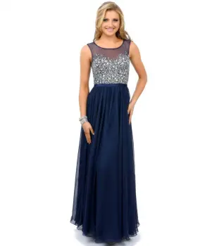 Navy Blue Illusion Beaded A Line Prom Dresses