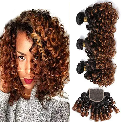 Spark 10A Ombre Bundles with Closure Brazilian 1b/4/30  Bouncy Curly  Bundles with 4x4 Lace Closure Short curly weave bundles