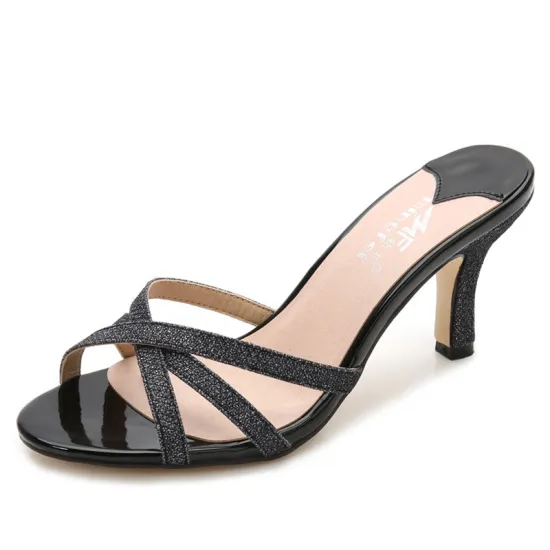 2024 Summer Collection: Golden High Heel Glitter Slippers for Women and Ladies - Stylish Outdoor Shoes with Thin Heels