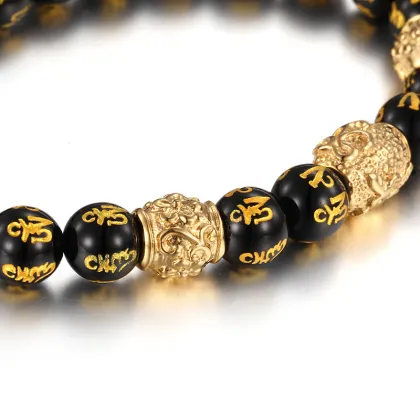 KALEN Men's Stainless Steel Lucky Charm Agate Stone Beaded Bracelet