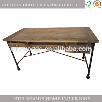 european industrial old furniture home office metal cross base recycled wood top with drawers french writing desk reproduction