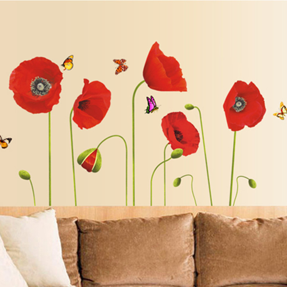 Graphics Wall Sticker PVC Window Ornament Red Poppy Flowers Butterflies ...